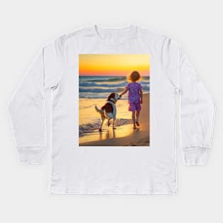 child picking flowers with a dog. Kids Long Sleeve T-Shirt